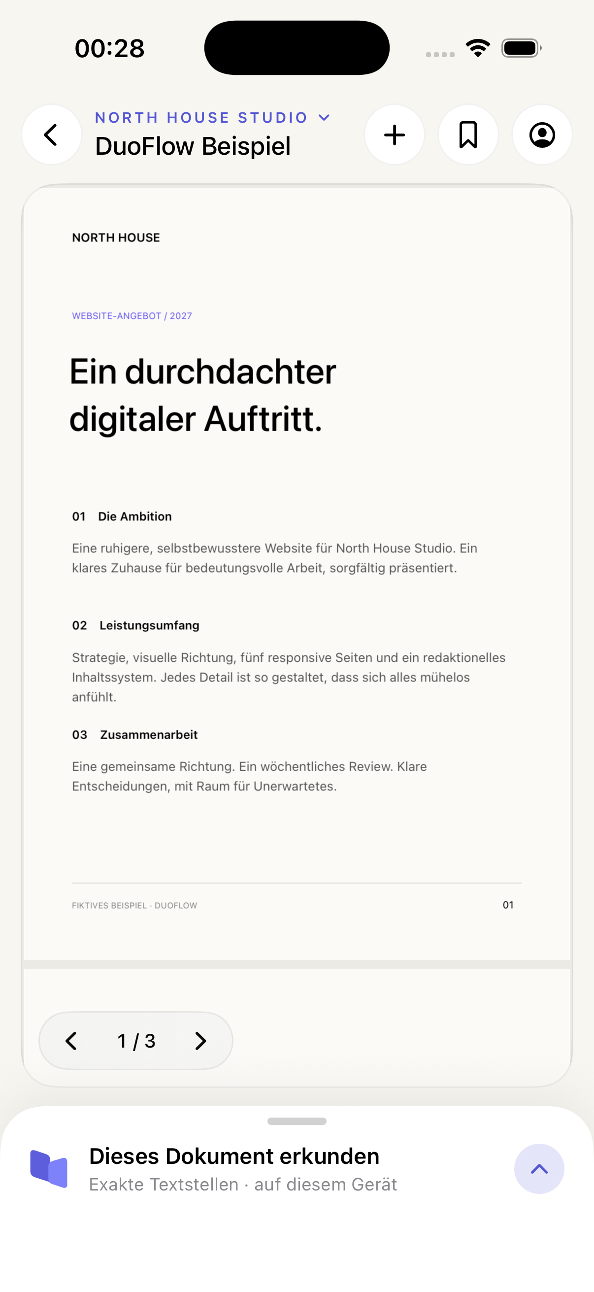 DuoFlow PDF-Ansicht auf einem iPhone mit deutscher Oberfläche.